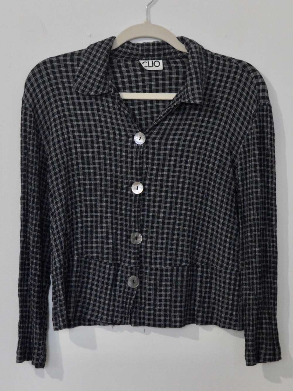 Vintage 1990s Clio Plaid Navy and White Button Up Pearlescent Buttons